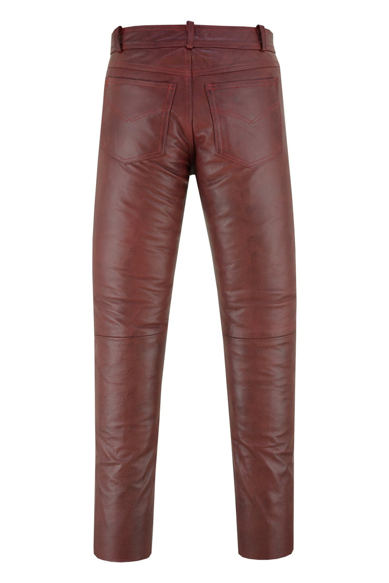 Wine Red Classic Fitted Biker Cowhide Leather Trousers -