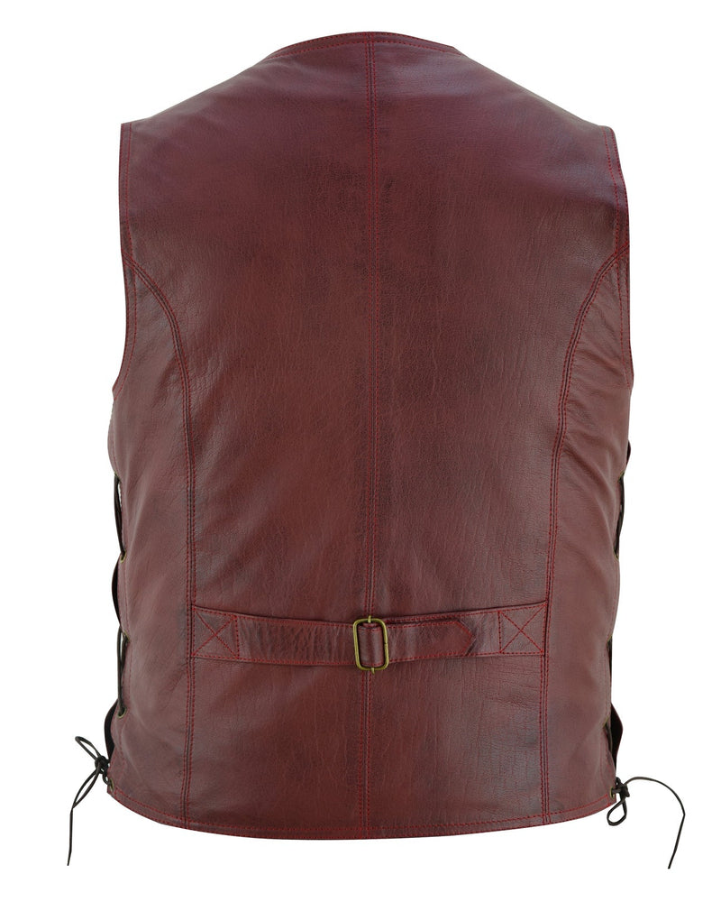 Wine Red Side Lace Biker Leather Waistcoat Vest -