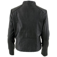 Women's Black Leather Scuba Style Jacket with Snap Mandarin Collar -